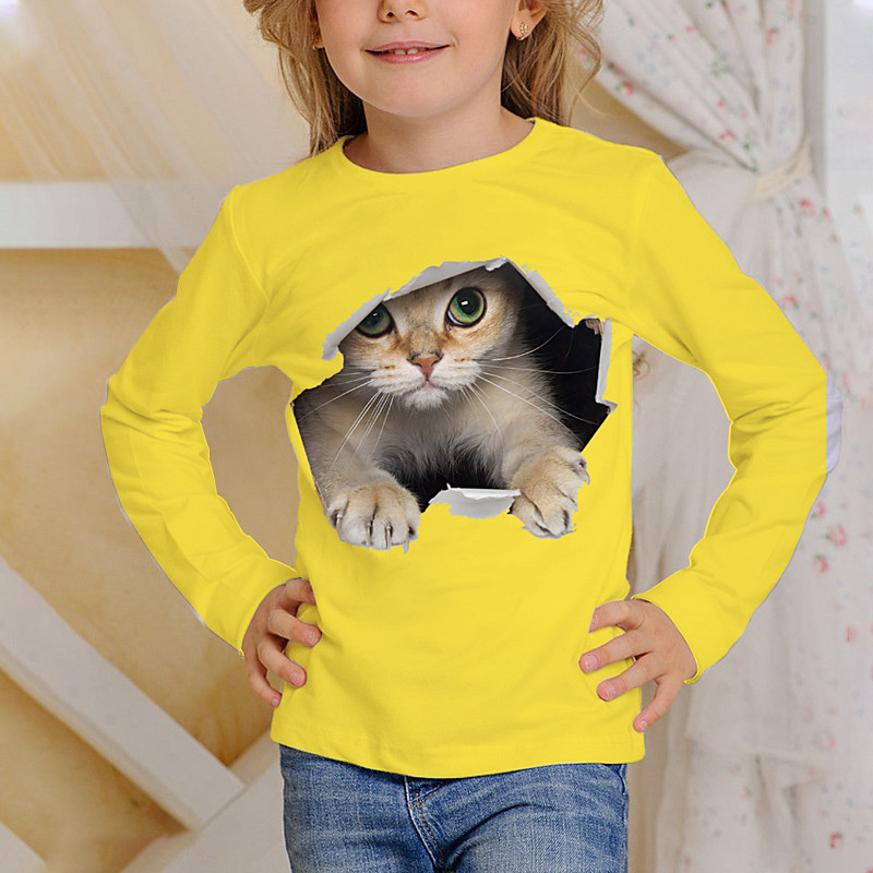Boys Girls' 3D Animal Cat T shirt Tee Long Sleeve 3D Print Fall Active Kids 4-12 Years Daily Wear Regular Fit
