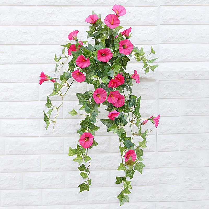 Hanging Artificial Silk Morning Glory Imitation Flower Vine Wedding Garden Decor Fake Plant Vibrantly Color Flower Green Plant for Home Garden Fence Stairway Decor