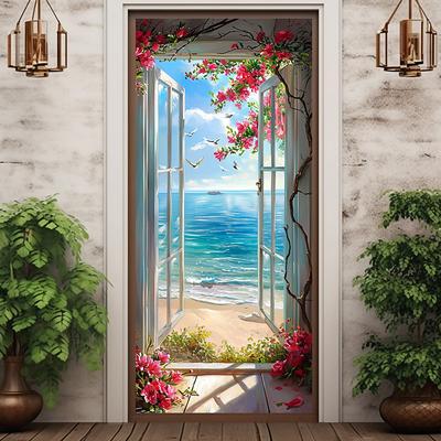 Window View Beach Door Covers Mural Decor Door Tapestry Door Curtain Decoration Backdrop Door Banner Removable for Front Door Indoor Outdoor Home Room Decoration Farmhouse Decor Supplies