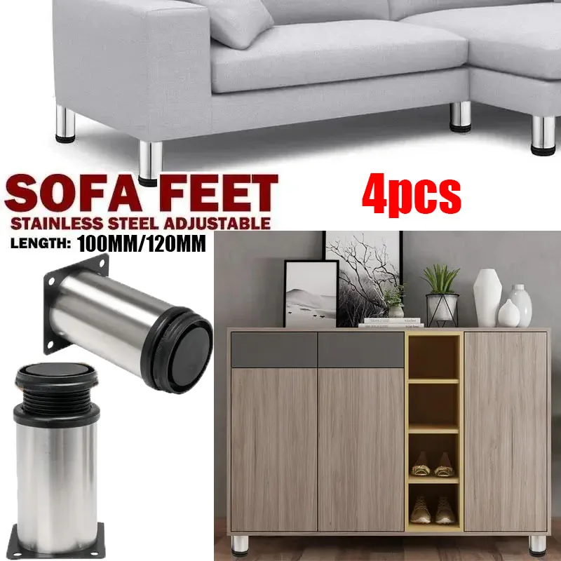 Pieds de Meuble Réglables en Acier Inoxydable, Support en Caoutchouc Antidérapant, Robuste, pour Armoires, Canapé, Meuble TV, 100mm/120mm, 4 Pièces