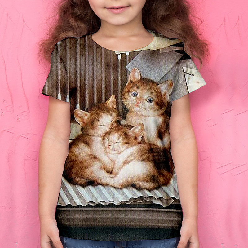 Girls' 3D Animal Cat T shirt Tee Short Sleeve 3D Print Summer Active Polyester Kids 4-12 Years School Daily Wear Regular Fit