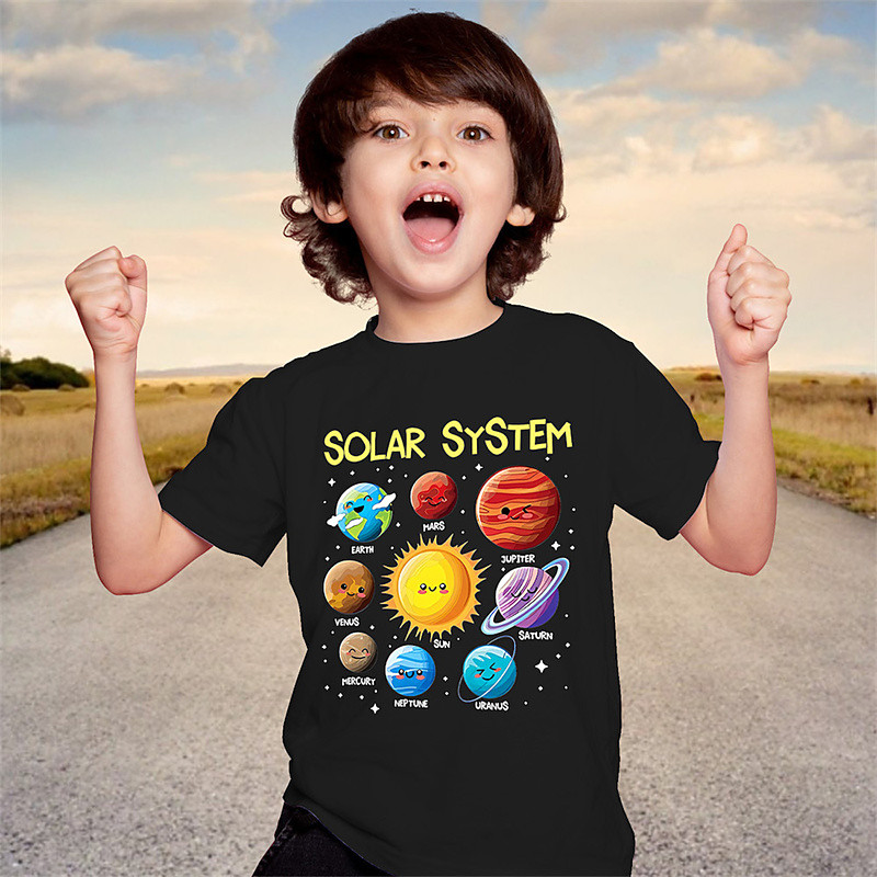 100% Cotton Kids Boys Black Graphic Sun Sky / Galaxy T shirt Tops Crew Neck Short Sleeve Casual Daily Wear Vacation Fashion Sport Print Summer