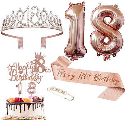 Birthday Party Rose Gold Deluxe 6-Piece Set - Balloon Numbers (10-80), Tiara, Sash, Cake Candles, Cake Topper - for Girls Women