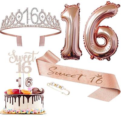 Birthday Party Rose Gold Deluxe 6-Piece Set - Balloon Numbers (10-80), Tiara, Sash, Cake Candles, Cake Topper - for Girls Women