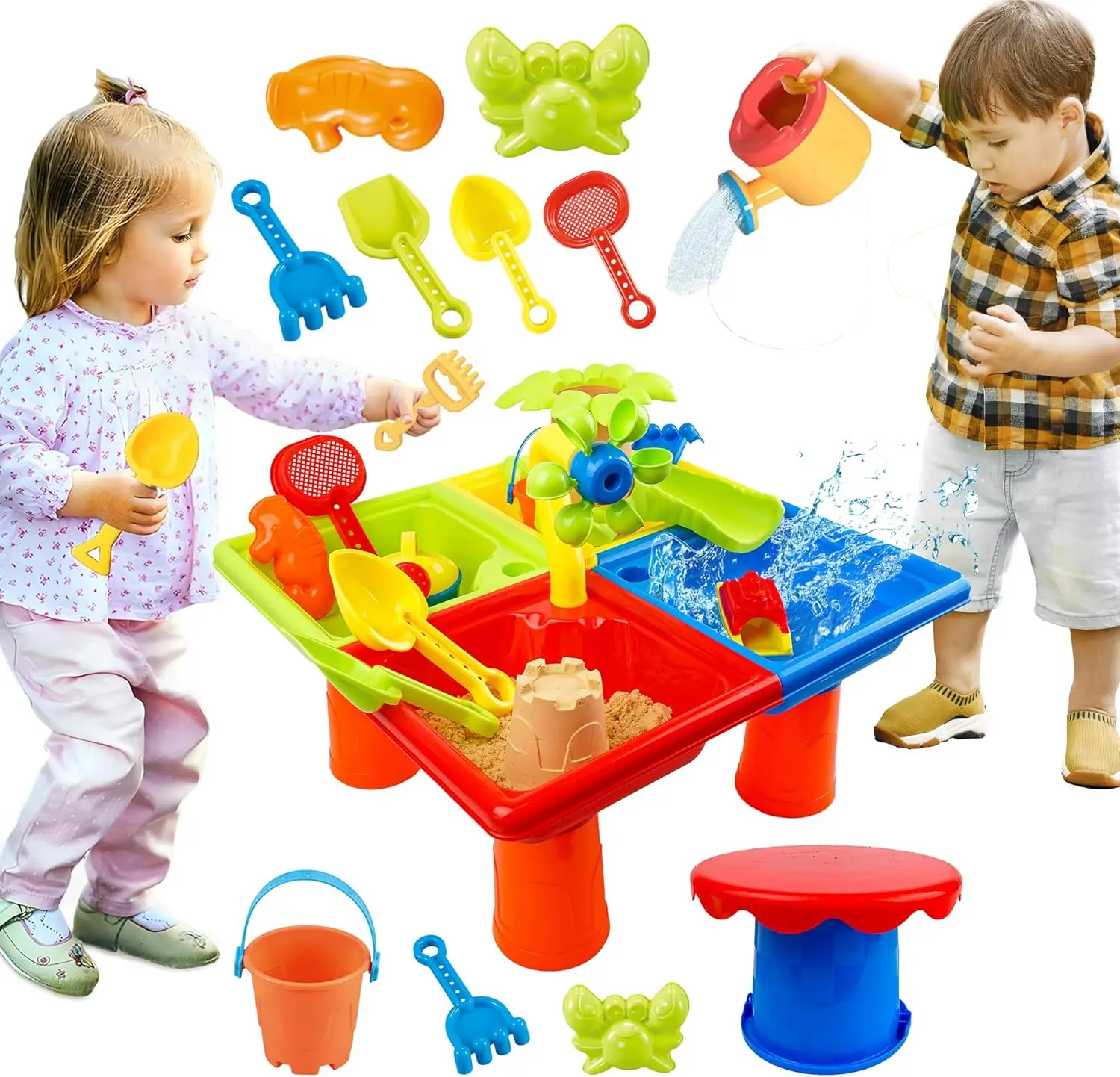 25 pezzi tavolo da spiaggia giocattoli da gioco con sabbia set 4 in 1 bambini acqua e sabbia attività all'aperto giocattolo sensoriale estate spiaggia piscina cortile giocattoli