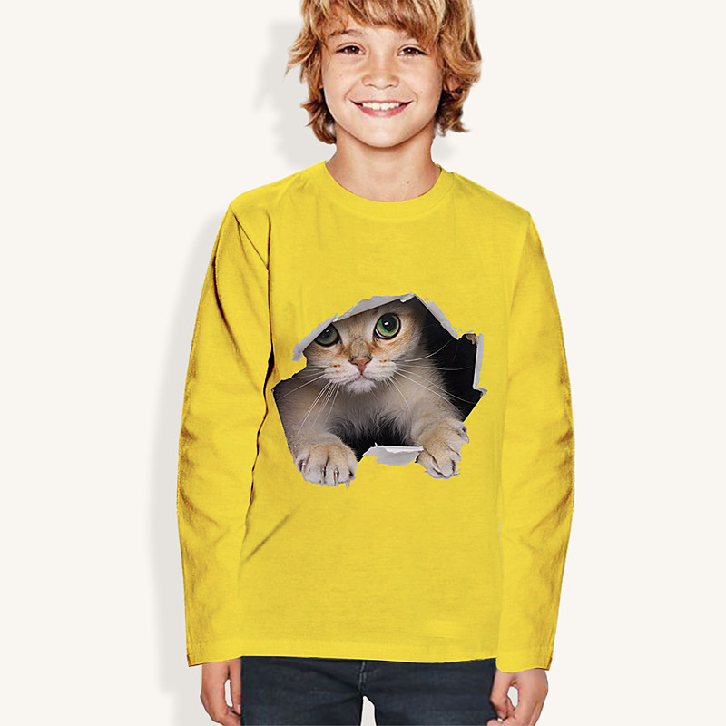 Boys Girls' 3D Animal Cat T shirt Tee Long Sleeve 3D Print Fall Active Kids 4-12 Years Daily Wear Regular Fit