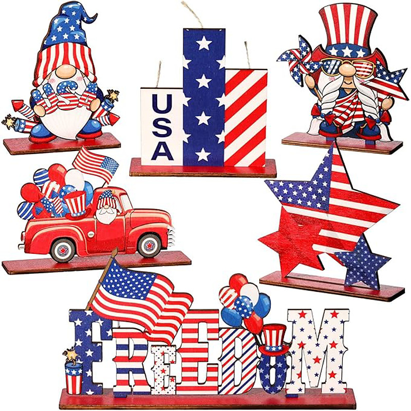 6 Pieces Patriotic Wooden Decorations 4th of July Independence Day Decorations Patriotic Table Decorations Wooden Table Centerpieces Decorations for American Memorial Day Veteran Day Party Decor