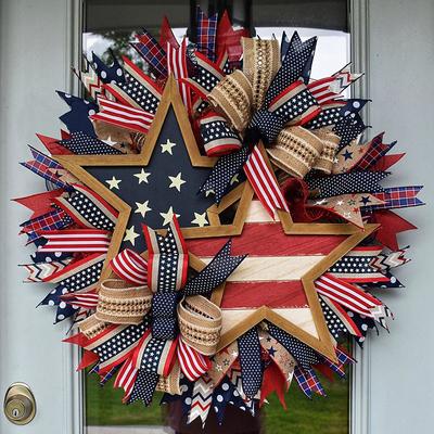 Patriotic Independence Day Wreath, Celebration USA Flag Printed Wreath, Red White Blue Garland Wreaths 4th of July Wall Decor Wreaths for Front Door Outdoor Welcome Sign Door Hangers