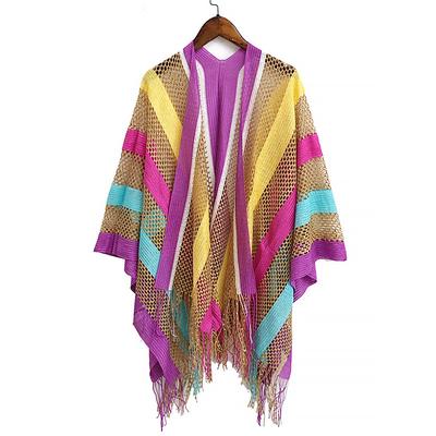 Women's Mesh Knit Beach Cover-up Scarf - Boho Striped Fringe Swimsuit Kimono, Lightweight and Breathable Summer Cardigan for Vacation, Poolside and Holiday Wear