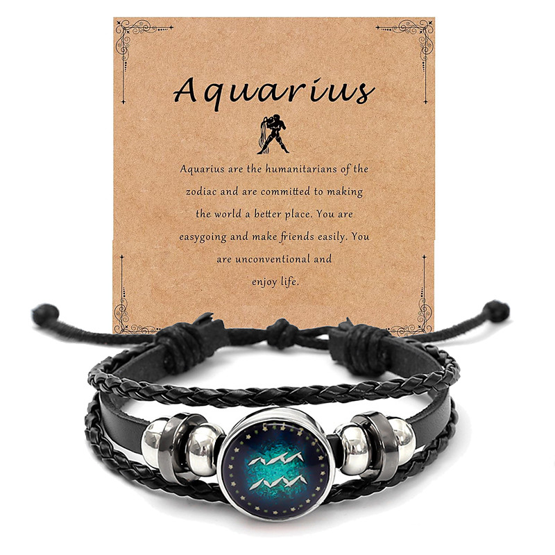 Multilayer Constellation Zodiac Leather Bracelet Handmade Woven Zodiac Sign Wrap Bracelet Wristband for Women Men Jewelry Birthday Valentine's Day Gift for Him