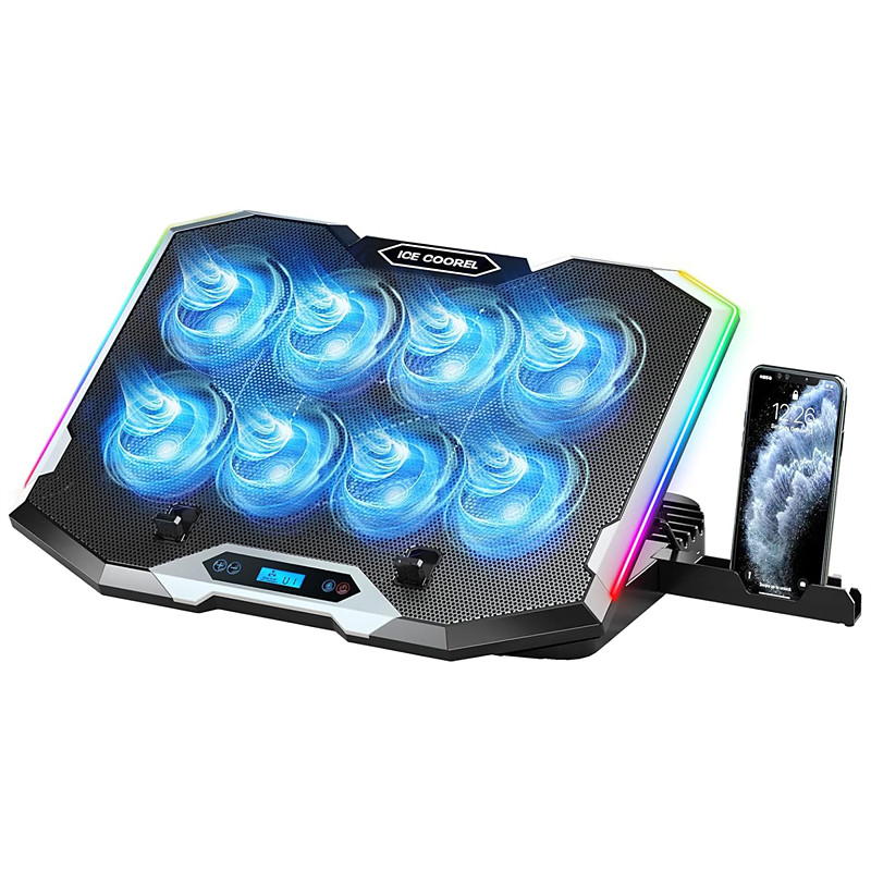 Gaming Laptop Cooling Pad with 8 Cooling Fans Laptop Fan Cooler Pad for 15-17.3 Inch Cooler Stand with 6 Height Adjustable RGB Cooling Pad with Two USB Port Phone Stand