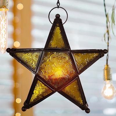 Vintage Iron Art Stained Glass Star Candle Holder Lantern, Five-Pointed Hanging Windproof Tealight Holder, Decorative Iron Glass Candle Lantern for Home, Bar, Restaurant, and Gift Giving