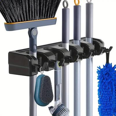 Broom Holder, Wall Mounted Garden Tool Organizer, Home Laundry Room, Kitchen, Closet, Shed, Garage Organization And Storage Utility Rack, 5 Slots 6 Hooks, Rake, Shovel, Mop Hanger