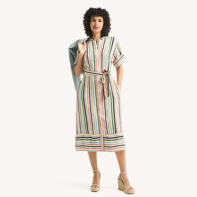 Nautica Women's Striped Belted Midi Dress Rolling River Wash, M