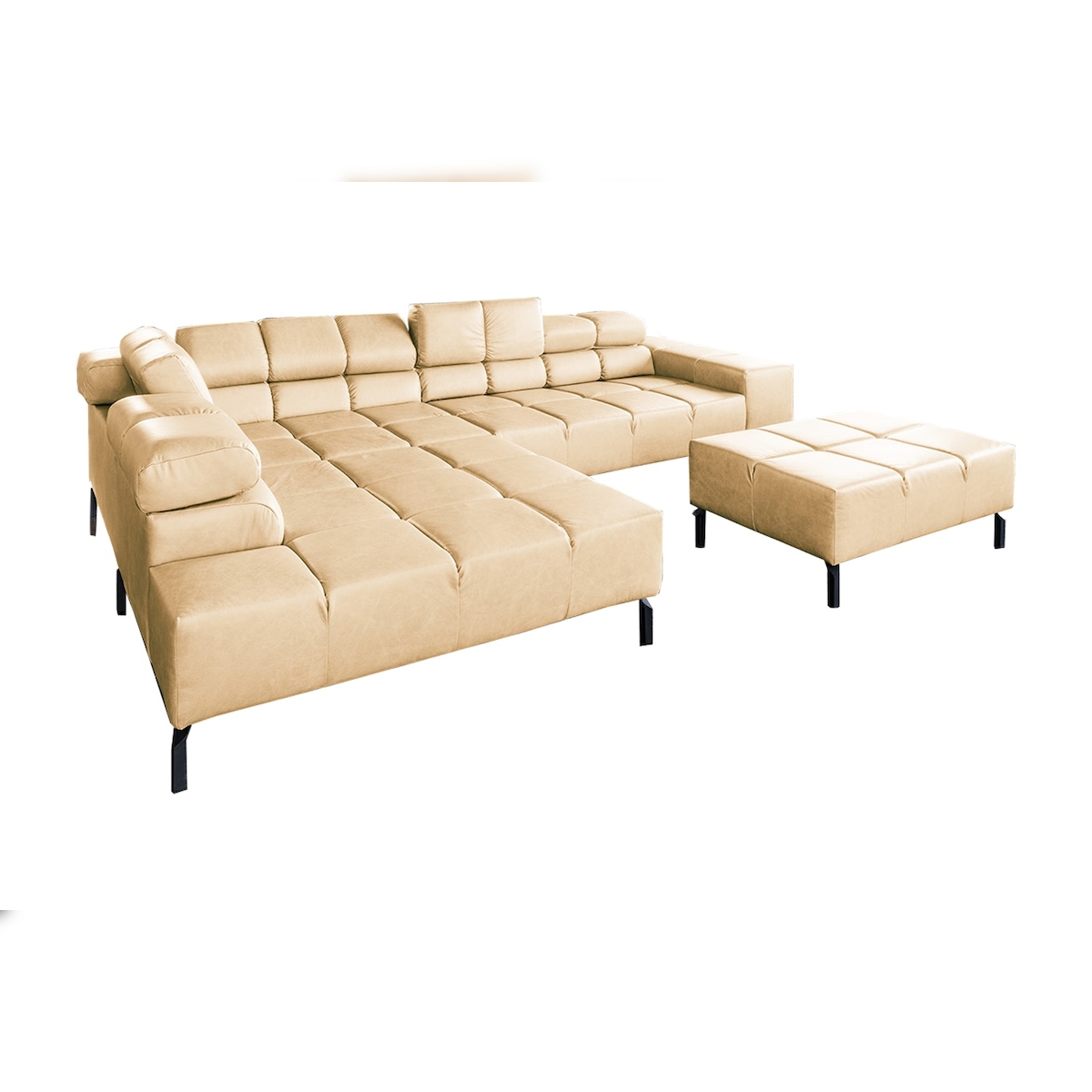 KAWOLA Sofa NELSON Ecksofa Leder beige mit motorischem Sitzvorzug und Hocker Recamiere links Image
