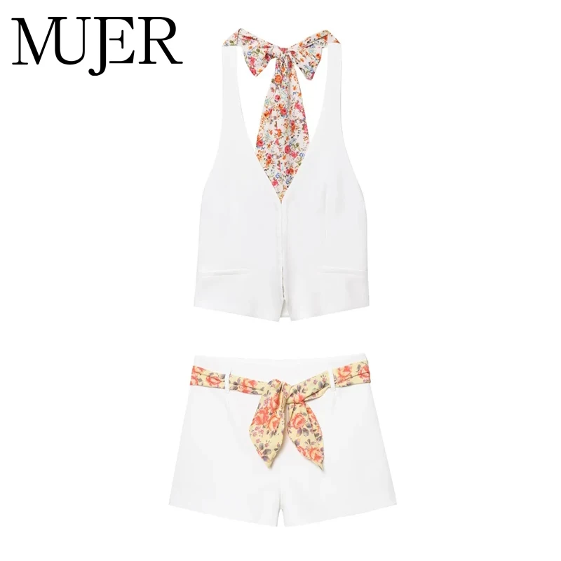 MUJER Weiße Damen-Shorts-Sets, Gürtel, hohe Taille, Mini-Shorts für Damen, Sommer, Neckholder, rückenfrei, Top, Damen-Shorts-Set, 2-teilig, Damen Image