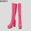 Retro Frauen Runde Kappe High Heel Stiefel Mode Silber Glod Cosplay Kniehohe Stiefel für Frauen Plus Größe Zipper Boote Mujer Schuhe