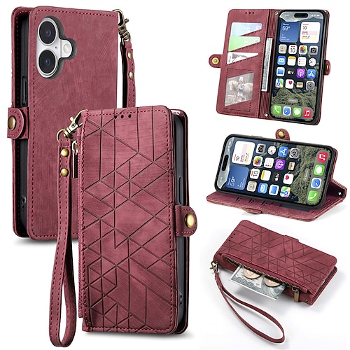 Handy Hülle Handyhüllen Für iPhone 16 15 14 Pro Max Plus 16e 13 12 11 Pro Max Brieftaschenhülle Flip-Cover Mit Handgelenkschlaufe Stoßfest Retro Geometrisches Muster TPU PU-Leder Image