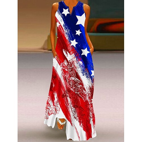 Unabhängigkeitstag Patriotisches Damen Maxikleid Shift Kleid Sommerkleid Lässig Täglich Urlaub Reguläre Passform Flagge Ärmellos Rundhals Weinrot Marineblau Blau Sommer Image