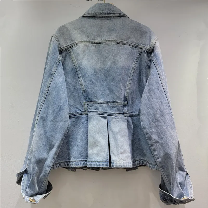 Frühling Neue Rüschen Saum Jeans Jacke Frauen Vintage Gewaschen Blau Kurzen Mantel Turndown Kragen Einreiher Langarm Denim Jacke