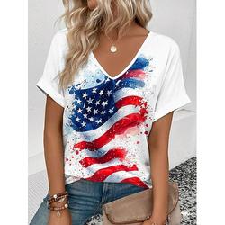 Damen Patriotisches T-Shirt Amerikanische Flagge Druck V-Ausschnitt Rot Weiß Blau Kurzarm Lässiges Sommer T-Shirt Rot Weiß Blau Bequem Leicht Oberteil für den täglichen Gebrauch