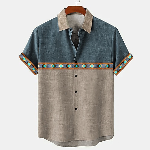 Herren Geometrisch Leinenhemd Sommer Hawaiihemd Knopfhemd Kurzarm Vintage Künstlerisch Urlaub Ferien Strandbekleidung Sommer Frühling Umlegekragen Farbblock Blau Grün Image
