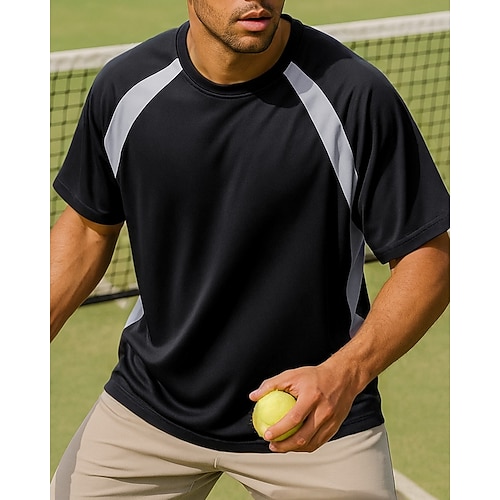Herren Patchwork Tennis-T-Shirt Kurze Ärmel Kontrastbindung Schweißableitend Feuchtigkeitsableitend Atmungsaktiv Tennis Golfspiel Pickleball Rundhalsausschnitt Schwarz blau Grau Tennisbekleidung Image