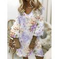 Damen-Minikleid, A-Linien-Kleid, Urlaubs-Sommerkleid, lässiges Boho-Party-Sommerkleid, normale Passform, Blumenmuster, Grafik, mehrlagig, Rüschen, 3/4-Ärmel, V-Ausschnitt, hellblau, hellviolett,