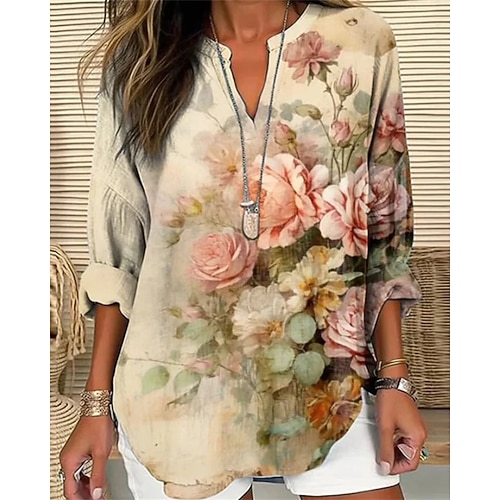 Damen Hemd Druck Blume Täglich Stilvoll Basic Langarm V Ausschnitt Normale Oberteile Täglich Ferien Gelb Königsblau Purpur Frühling Herbst Image