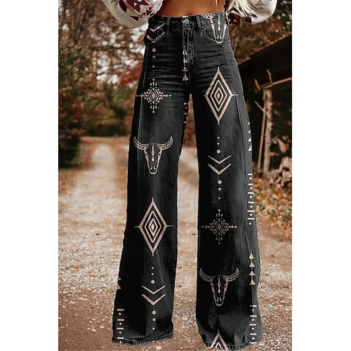 Retro Vintage Boho 1970er Hose Hose mit weitem Bein Hippie Disco Hohe Taille Western Revival Jeans-Imitat Kostüm Damen Karneval Alltagstauglich Musikfestival Retro-Mottoparty Erwachsene Hose Image