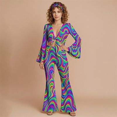 Retro Vintage 1970er Groovy Set mit Schlaghose und Schnürung vorne Hippie Disco Geometrisch Psychedelisch Damen Halloween Karneval Urlaub Musikfestival Festival Erwachsene Oberteil Hose Stirnband Image