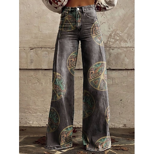 Retro Vintage Boho 1970er Hose Hose mit weitem Bein Hippie Disco Hohe Taille Blumen Jeans-Imitat Kostüm Damen Karneval Alltagstauglich Musikfestival Retro-Mottoparty Erwachsene Hose Image