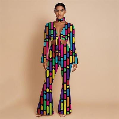 Retro Vintage 1970er Groovy Set mit Schlaghose und Schnürung vorne Hippie Disco Geometrisch Psychedelisch Damen Halloween Karneval Urlaub Musikfestival Festival Erwachsene Oberteil Hose Stirnband Image