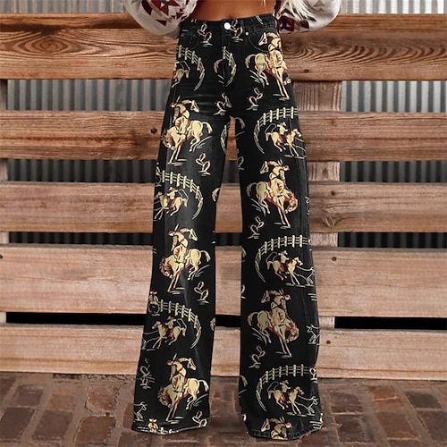 Retro Vintage Boho 1970er Hose Hose mit weitem Bein Hippie Disco Hohe Taille Retro-Western-Pin-Up Jeans-Imitat Kostüm Damen Karneval Alltagstauglich Musikfestival Retro-Mottoparty Erwachsene Hose Image