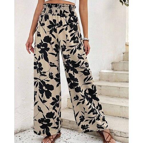 Damen Stoffhosen Hosen Hose Boho Volle Länge Natürliche Taille Blumen Elastischer Bund Druck Bequem Außenbereich Straße Ausgehen Marineblau Schwarz Khaki Sommer Normale Passform