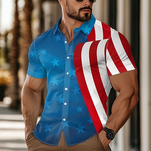 Tag der Unabhängigkeit Herren Amerikanische US-Flagge Patriotisch Vierter Juli Hemd Sommerhemd Knopfhemd Kurzarm Modisch lässig Outdoor Ferien Sommer Frühling Umlegekragen 3D-Druck Hemden mit Kragen Image
