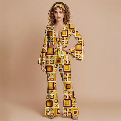 Retro Vintage 1970er Groovy Set mit Schlaghose und Schnürung vorne Hippie Disco Geometrisch Psychedelisch Damen Halloween Karneval Urlaub Musikfestival Festival Erwachsene Oberteil Hose Stirnband Image