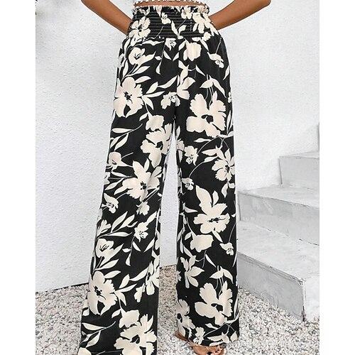 Damen Stoffhosen Hosen Hose Boho Volle Länge Natürliche Taille Blumen Elastischer Bund Druck Bequem Außenbereich Straße Ausgehen Marineblau Schwarz Khaki Sommer Normale Passform