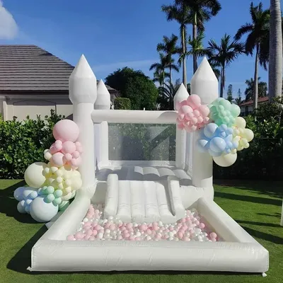 White Bounce House With Ball Pool Slide For Kids 4M Oxford Jumping Party Games Bouncy House Halloween Inflatable Outdoor