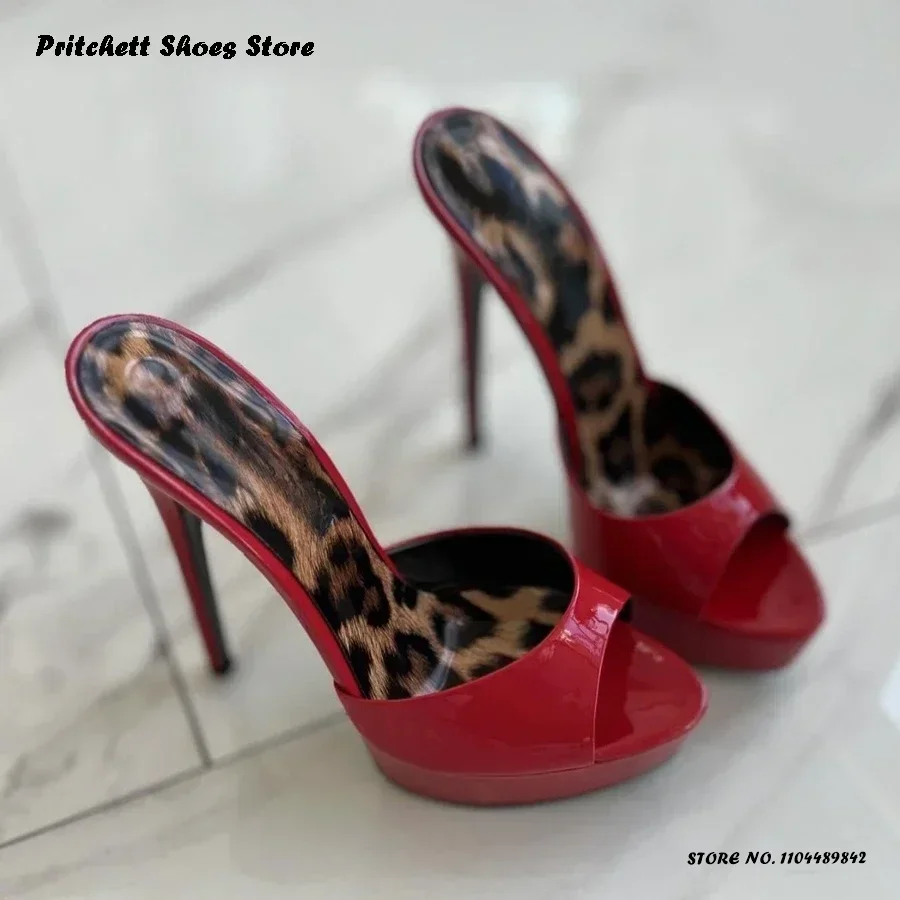 Women's Patent Leather Platform Mules Concise Round Open Toe Super High Thin Heels Shoes Spring Summer Office Evening Slippers
