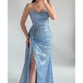 Elegantes blaues glitzerndes Meerjungfrau-Trumpet-Abendkleid formelles Hochzeitskleid bodenlang Herz-Ausschnitt Spitze ärmellos Falten gerafft Schlitz