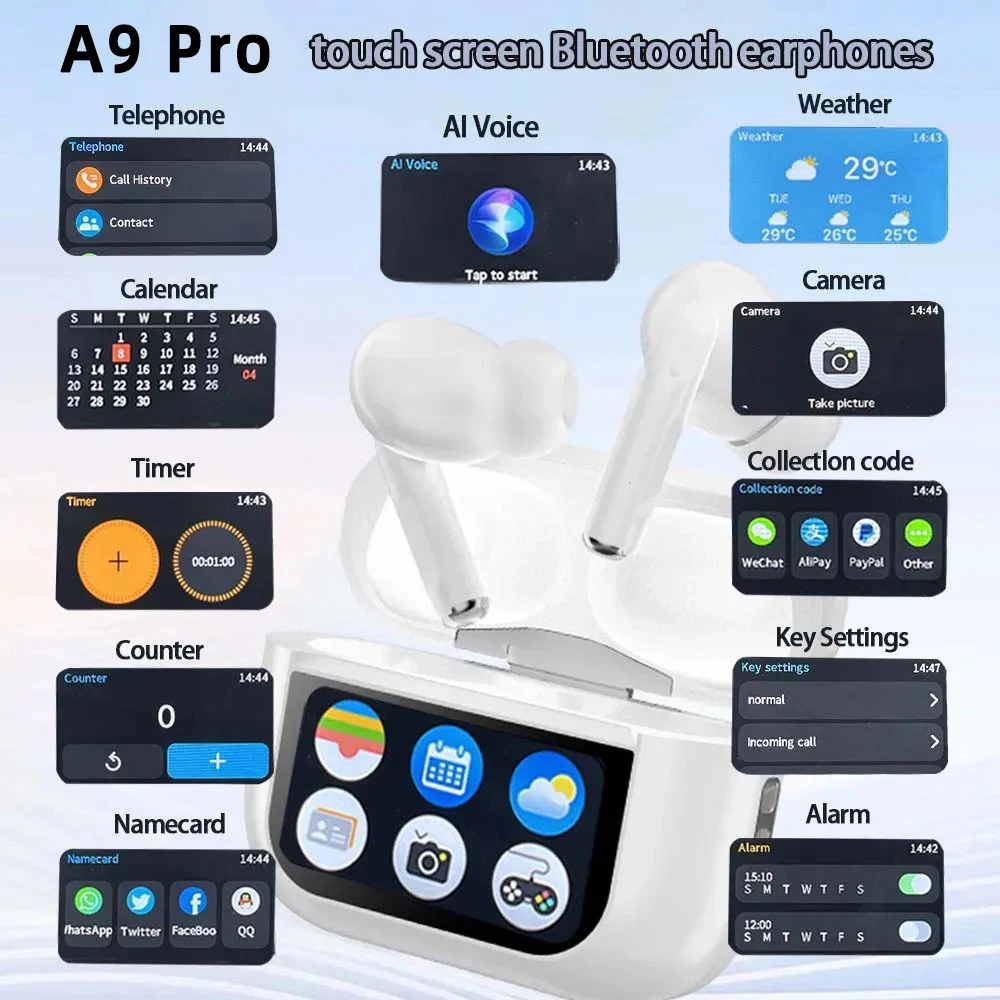 Nuova configurazione Top A9pro Bluetooth LCD Schermo a colori intelligente Riduzione attiva del rumore wireless Cuffie a lunga durata della batteria