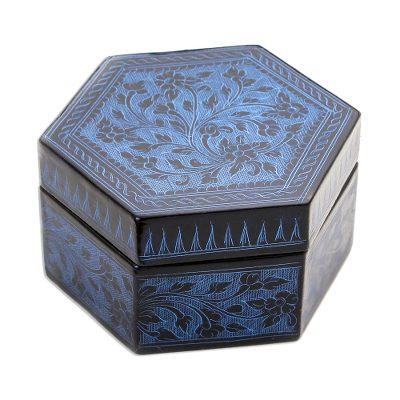 Blue Floral Hexagon,'Blue and Black Thai Lacquered Wood Decorative Box'