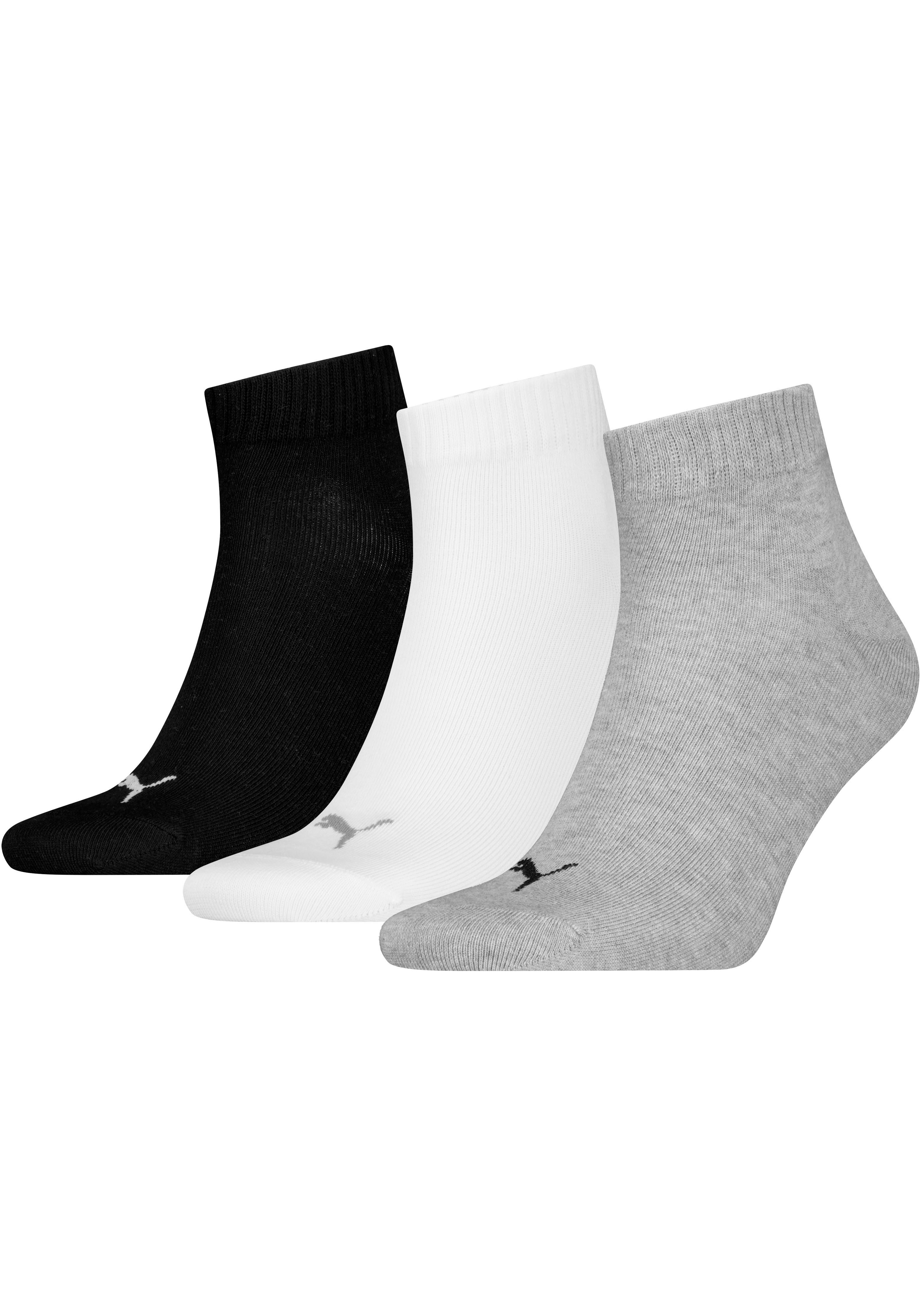 Kurzsocken PUMA "PUMA UNISEX QUARTER PLAIN 3P", Herren, Gr. 43-46, schwarz-weiß (1x schwarz, 1x weiß, 1x grau, meliert), Baumwollmischung, meliert, uni, elastisch, Socken, Atmungsaktiv, Rippenbündchen, weiche Baumwollmischung