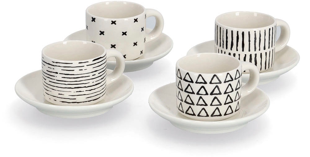 Espressotasse ZELLER PRESENT, schwarz-weiß (schwarz, weiß), B:12,5cm H:7cm Ø:6cm, Keramik, Trinkgefäße, 8-teilig (4 Tassen/4 Untertassen) Image