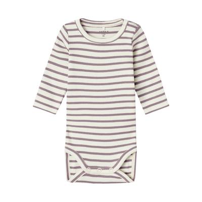 Langarmbody NAME IT "NBNBANI LS BODY NOOS", Baby, Gr. 92, N-Gr, lila (elderberry), Sweatware, Obermaterial: 57% Baumwolle, 38% Modal, 5% Elasthan, gestreift, casual, regular fit, Rundhals, Langarm, Bodies Image