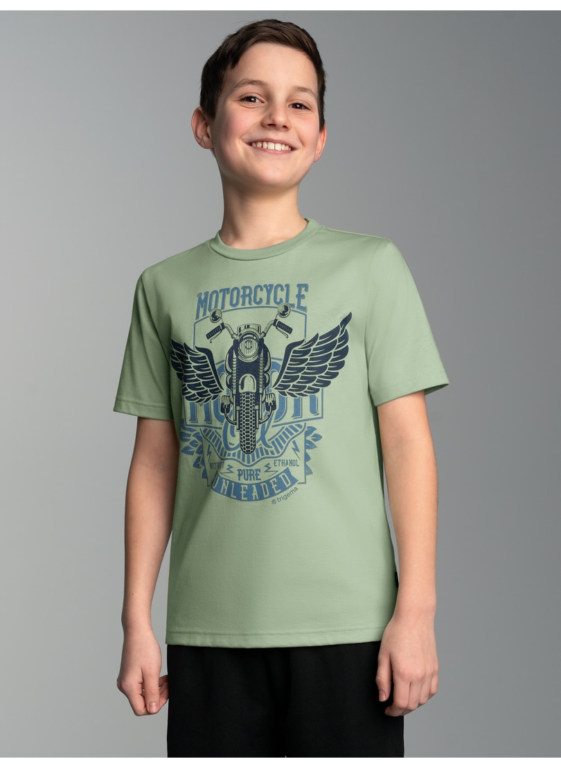 T-Shirt TRIGEMA "TRIGEMA T-Shirt mit großem Motorrad-Printmotiv", Jungen, Gr. 152, grün (grün tea), 100% Baumwolle, Basic, Shirts T-Shirt
