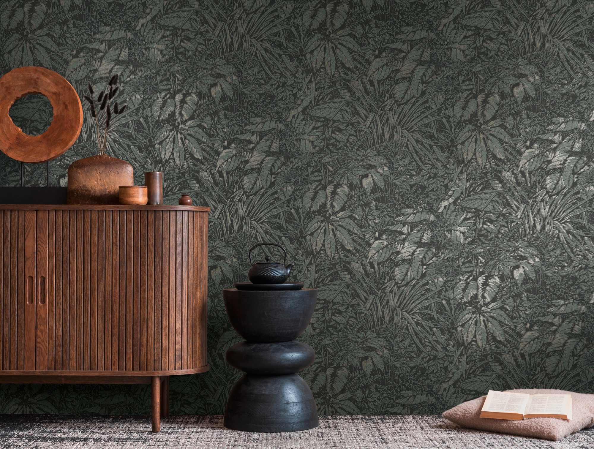 Vliestapete LIVING WALLS "Smart Surfaces Natur-Tapete Mustertapete Floral Natur", grün (grün,schwarz,silber), B:0,53m H:0,02m L:10,05m, Vlies, Tapeten, Vliestapete Dschungel für Schlafzimmer Küche Wohnzimmer Natur Design