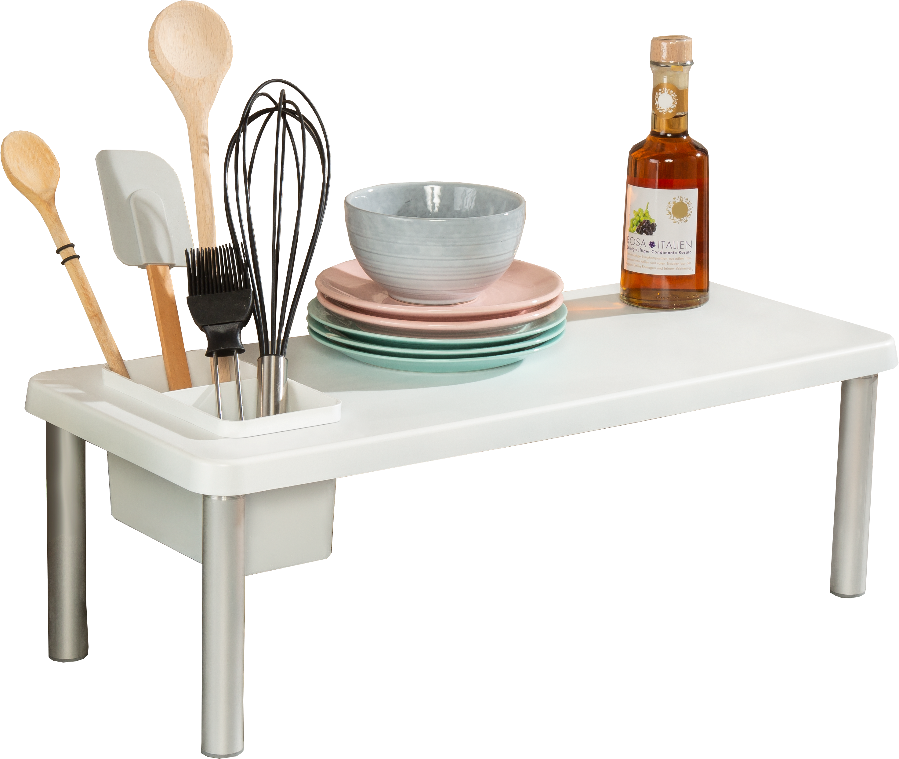 Küchenregal RUCO, silber (silber, weiß), B:55cm H:18cm T:23,5cm, Aluminium, Regale, mit Besteckkorb, Aluminium/Kunststoff