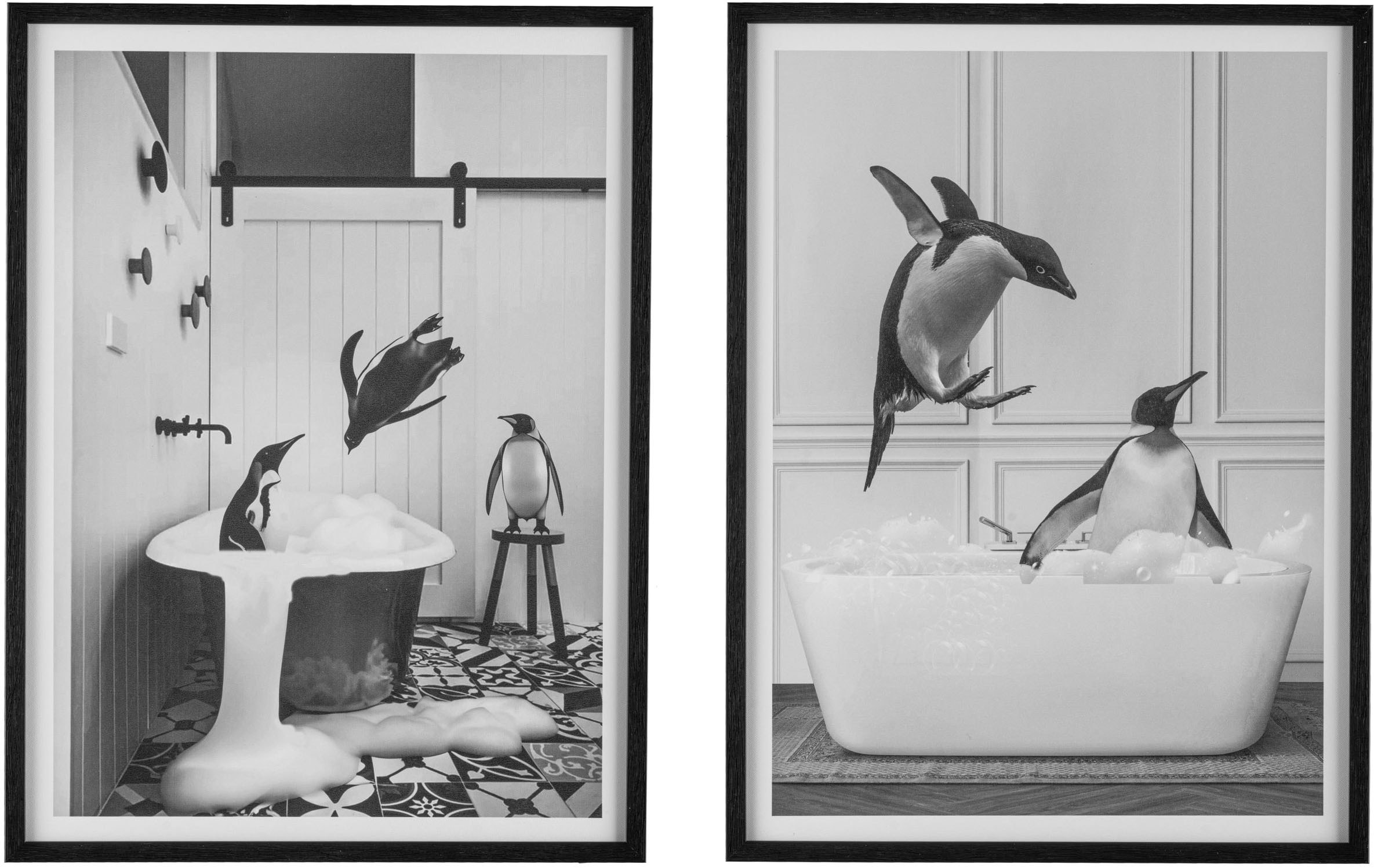 Bild mit Rahmen CREATIV HOME "Leinwandbild Pinguine in Badewanne", bunt (farbe rahmen: schwarz, farbe bild(er): bunt), B:30cm H:40cm T:1,8cm, Bilder, mit Rahmen Image